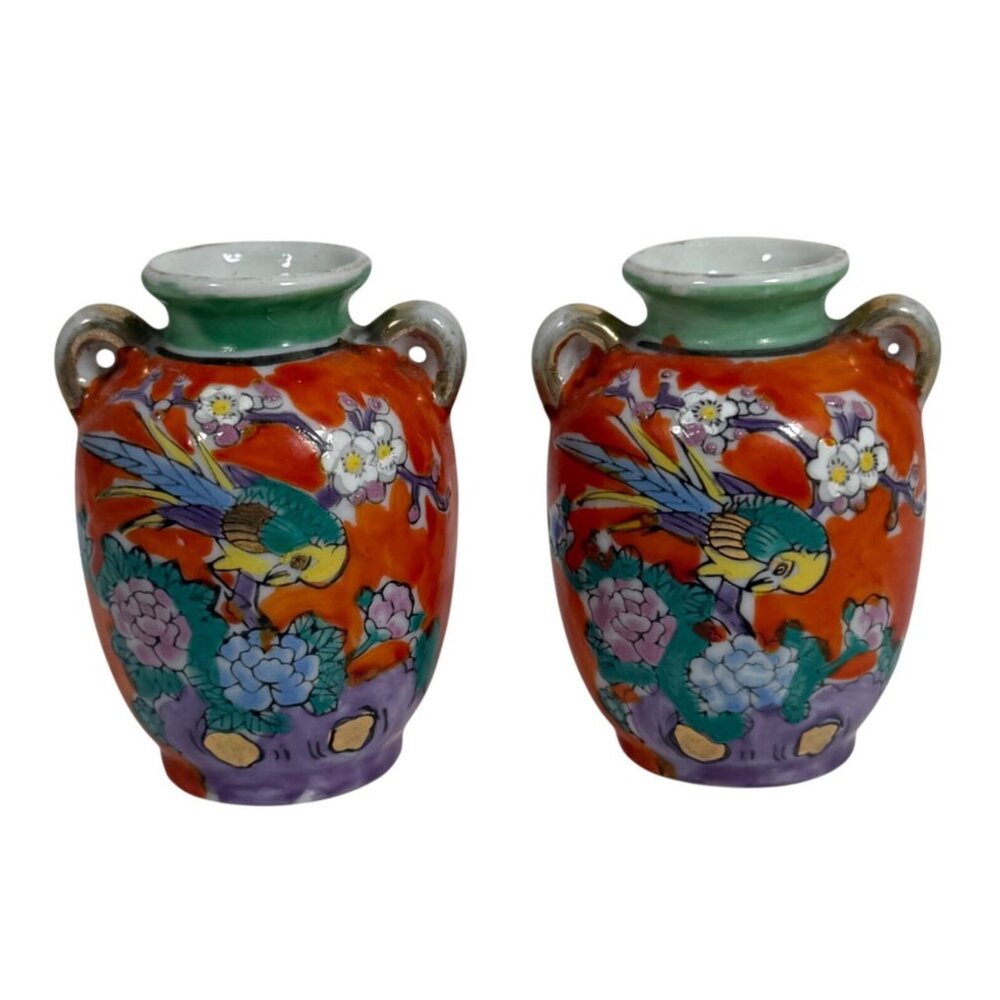 TWO Vintage Gold Castle Chikusa Hand-Painted Vases Flowers Birds Made In Japan